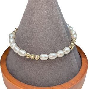 925 Sterling Vermeil Diamond Cut Bead & Pearl Bead Bracelet